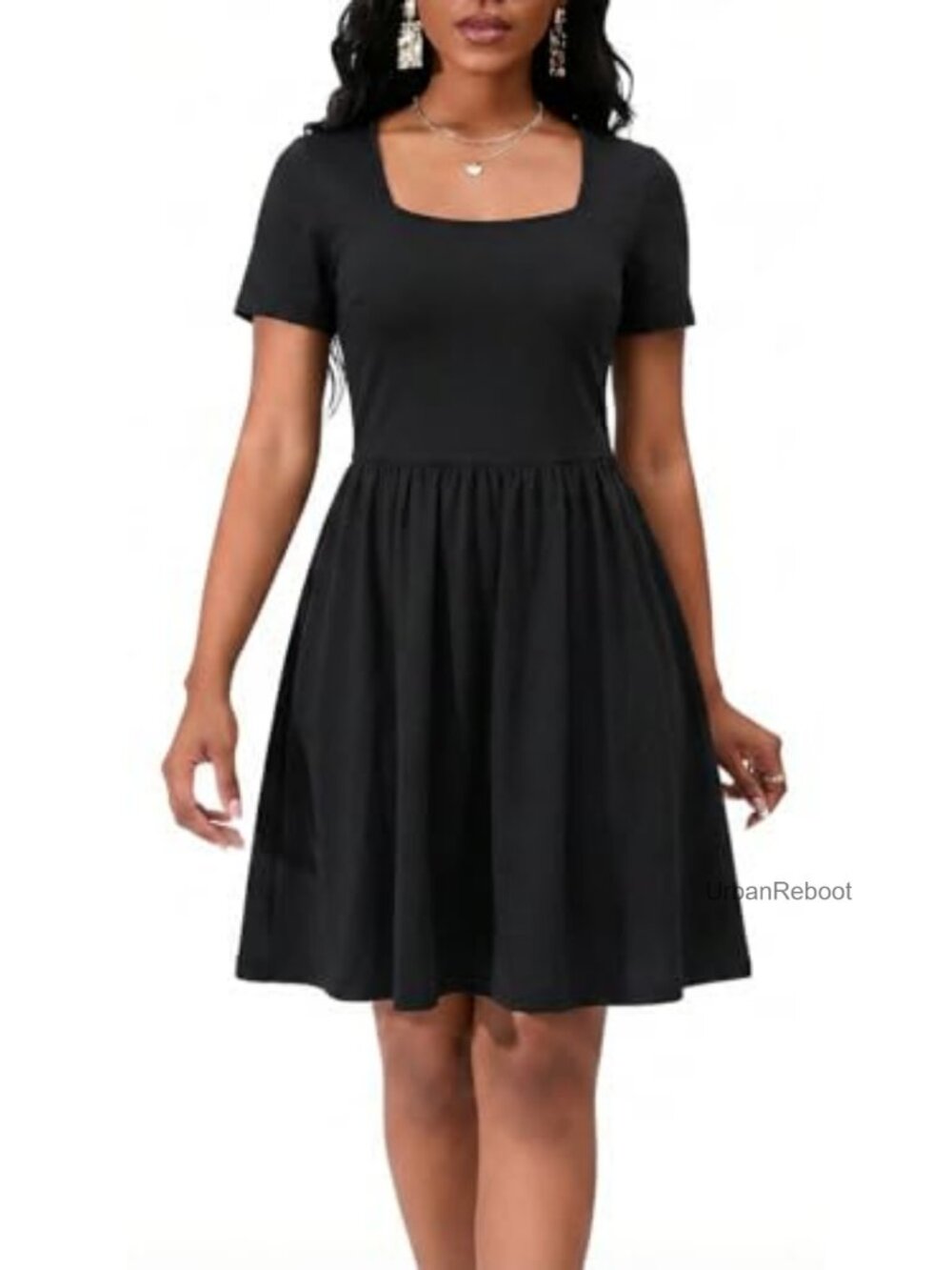 Women's Short Sleeve Midi Dress Square Neck Ruched A-Line Church Office